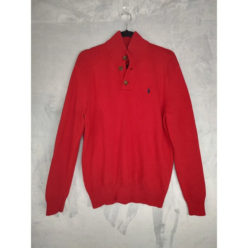 Polo Ralph Lauren Mens Red Cotton Knit 3 Button Mock Neck Pullover Sweater‎